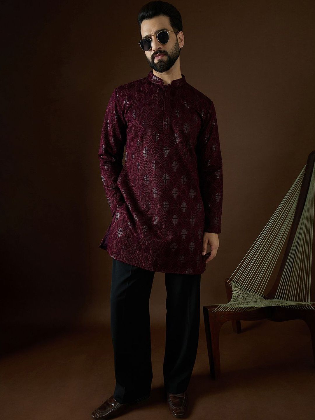 House of Pataudi Men Embroidered Georgette Kurta-picture-52