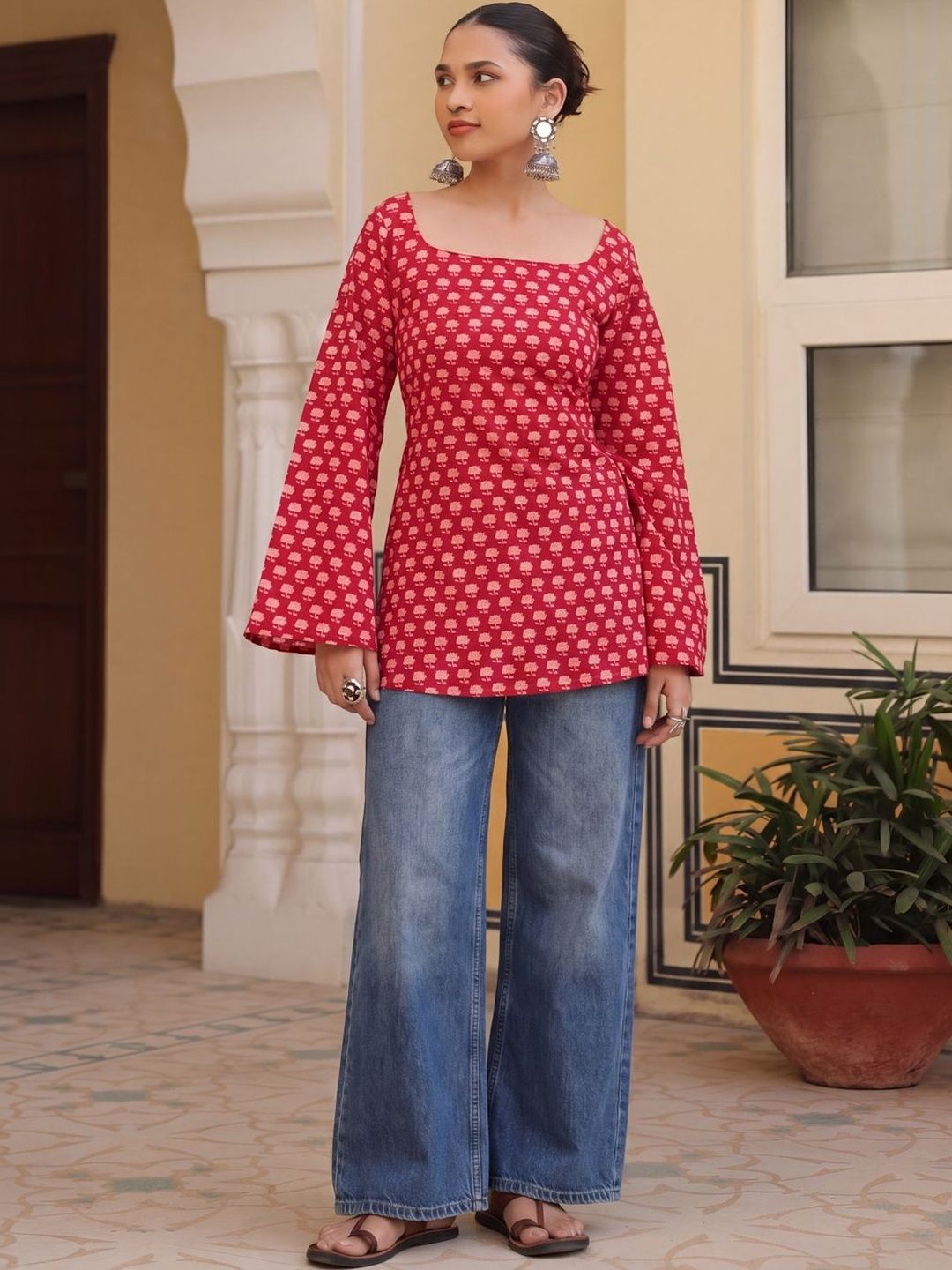 anayna Botanical Printed Square Neck Flared Sleeves Pure Cotton Kurti-picture-53