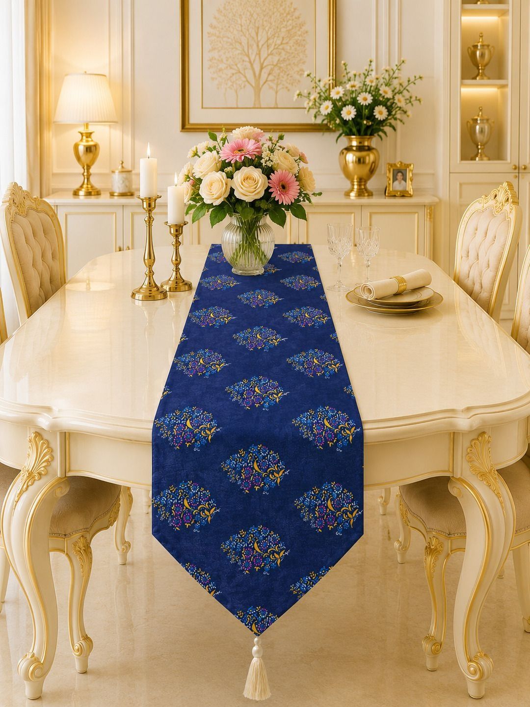 Aura White & Blue Floral Printed Table Runners-image-37