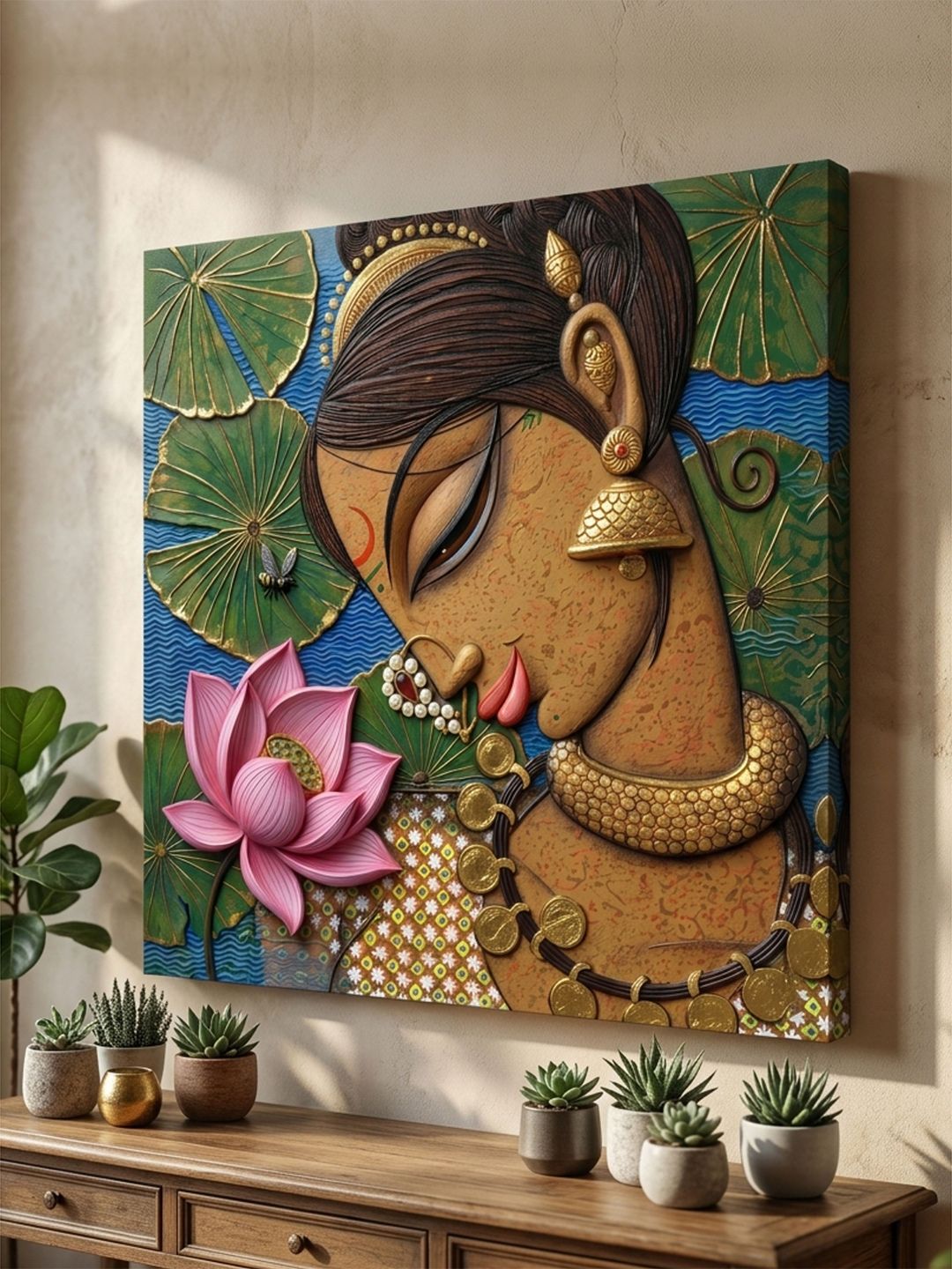 SAF Brown Indian Lady Lotus Canvas Living Room Square Landscape Wall Art 30"x 30"-picture-22