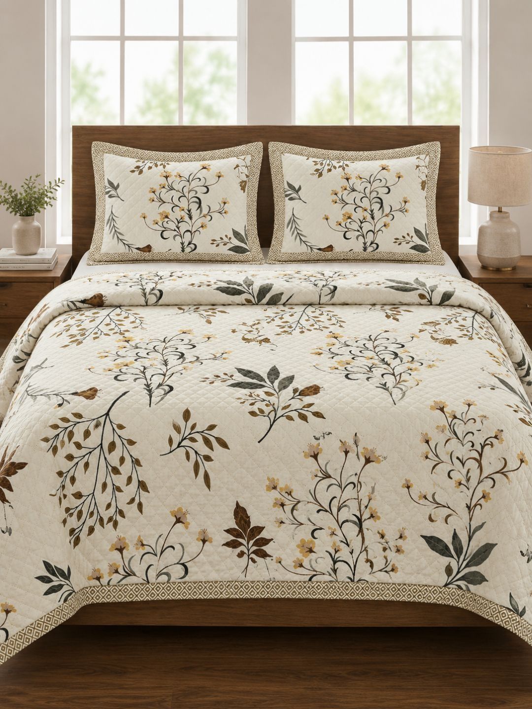 Bedbathandbliss 3-Pcs White & Brown Floral Cotton Double Bed - Queen Bed Covers-picture-43