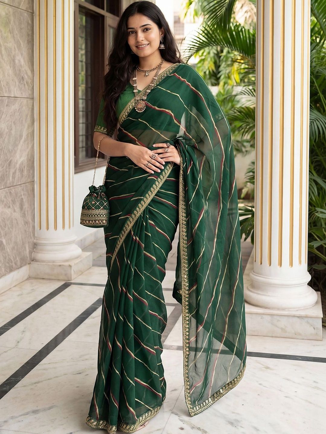 KALINI Green Sequinned Leheriya Saree With Unstiched Blouse-picture-13