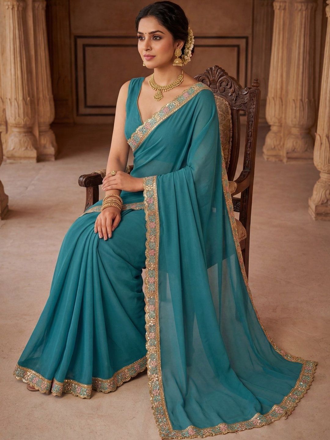 DAMAAR TEXTILE Embellished Zari Poly Georgette Heavy Work Saree-picture-15