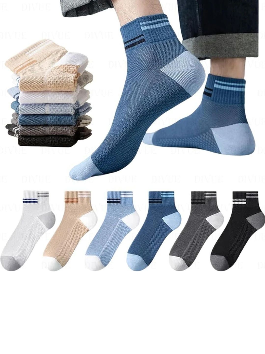 REDCARP Men Pack of 6 Cotton Colourblocked Ankle Length Socks-picture-5