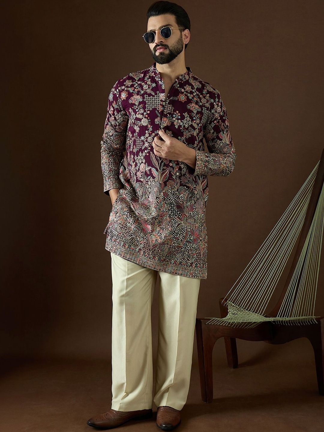 House of Pataudi Men Ethnic Motifs Embroidered Thread Work Grandeur & Majestic Artwork Georgette Kurta-picture-39