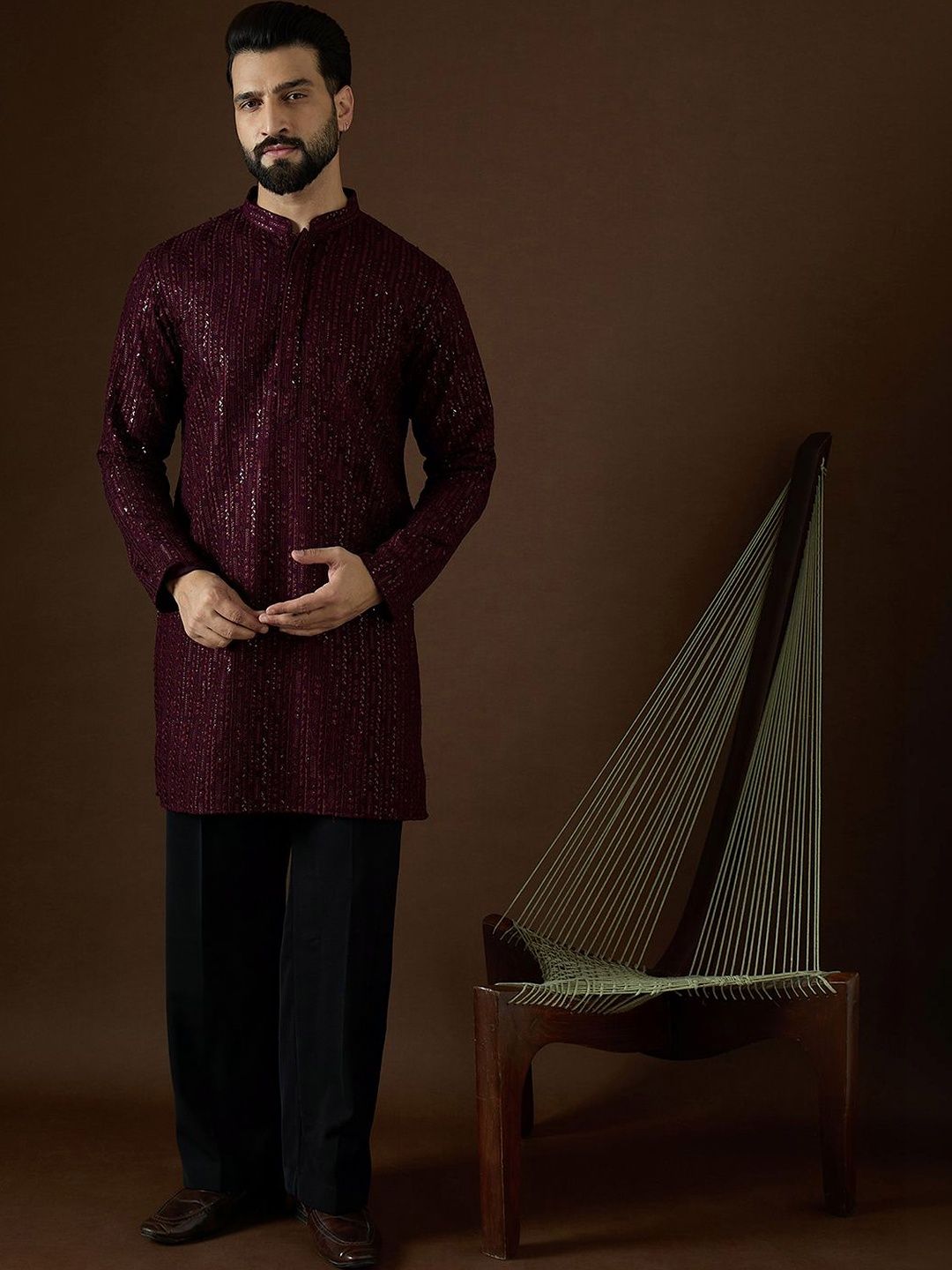 House of Pataudi Men Embellished Sequinned Grandeur & Majestic Artwork Georgette Kurta-picture-38