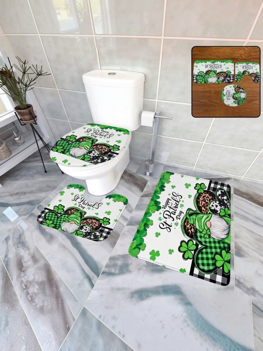 DeoDap 3-Pcs Green & White Anti-Skid Doormats-image-1