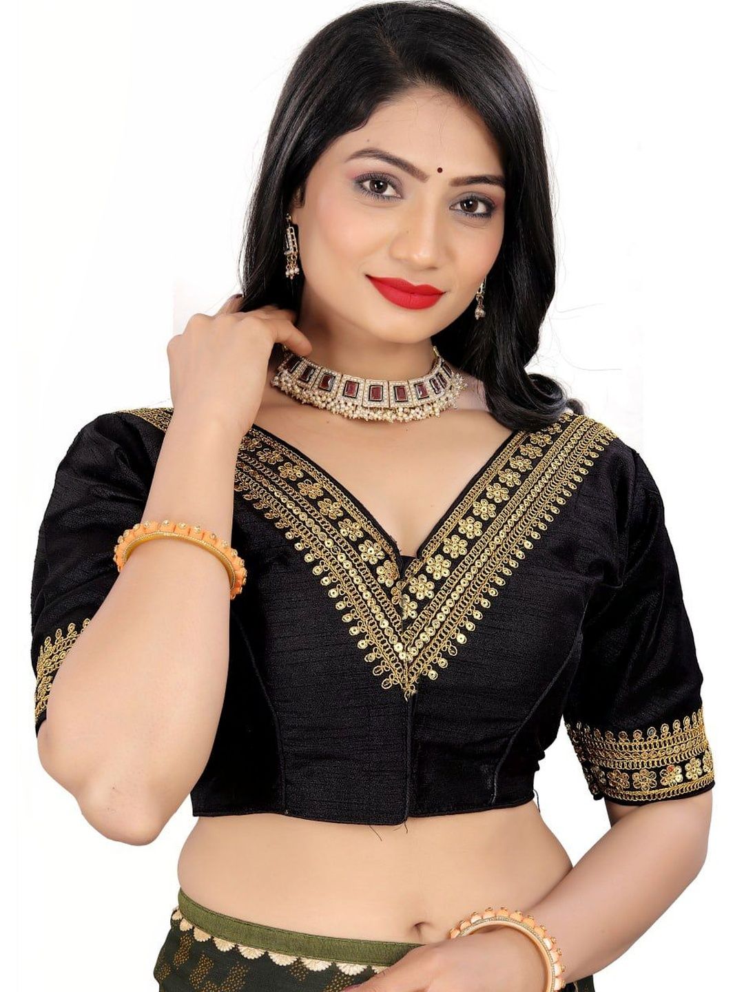 Apexaura Silk Embellished Sequinned Saree Blouse-image-26