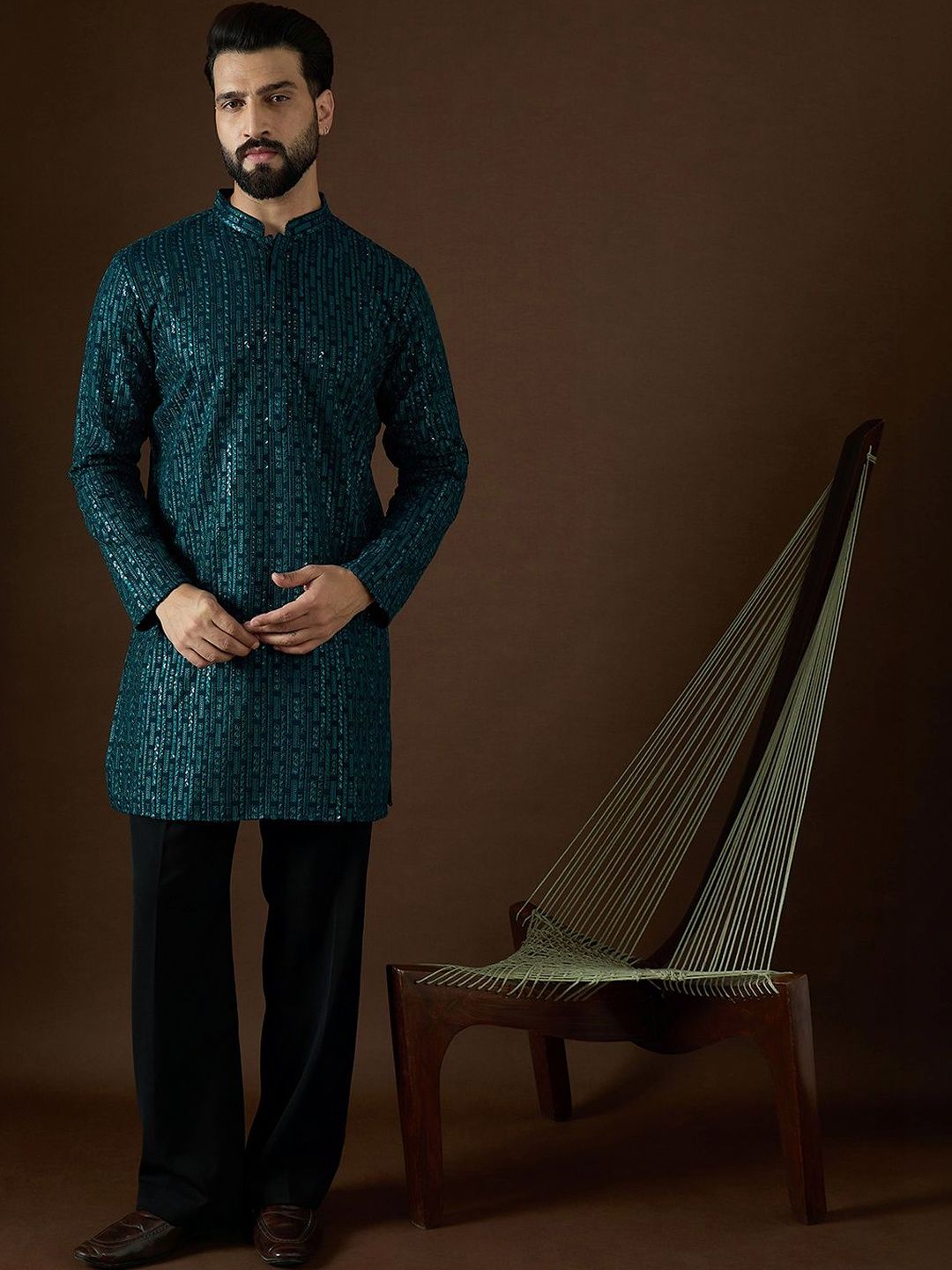 House of Pataudi Men Embellished Sequinned Georgette Kurta-picture-13