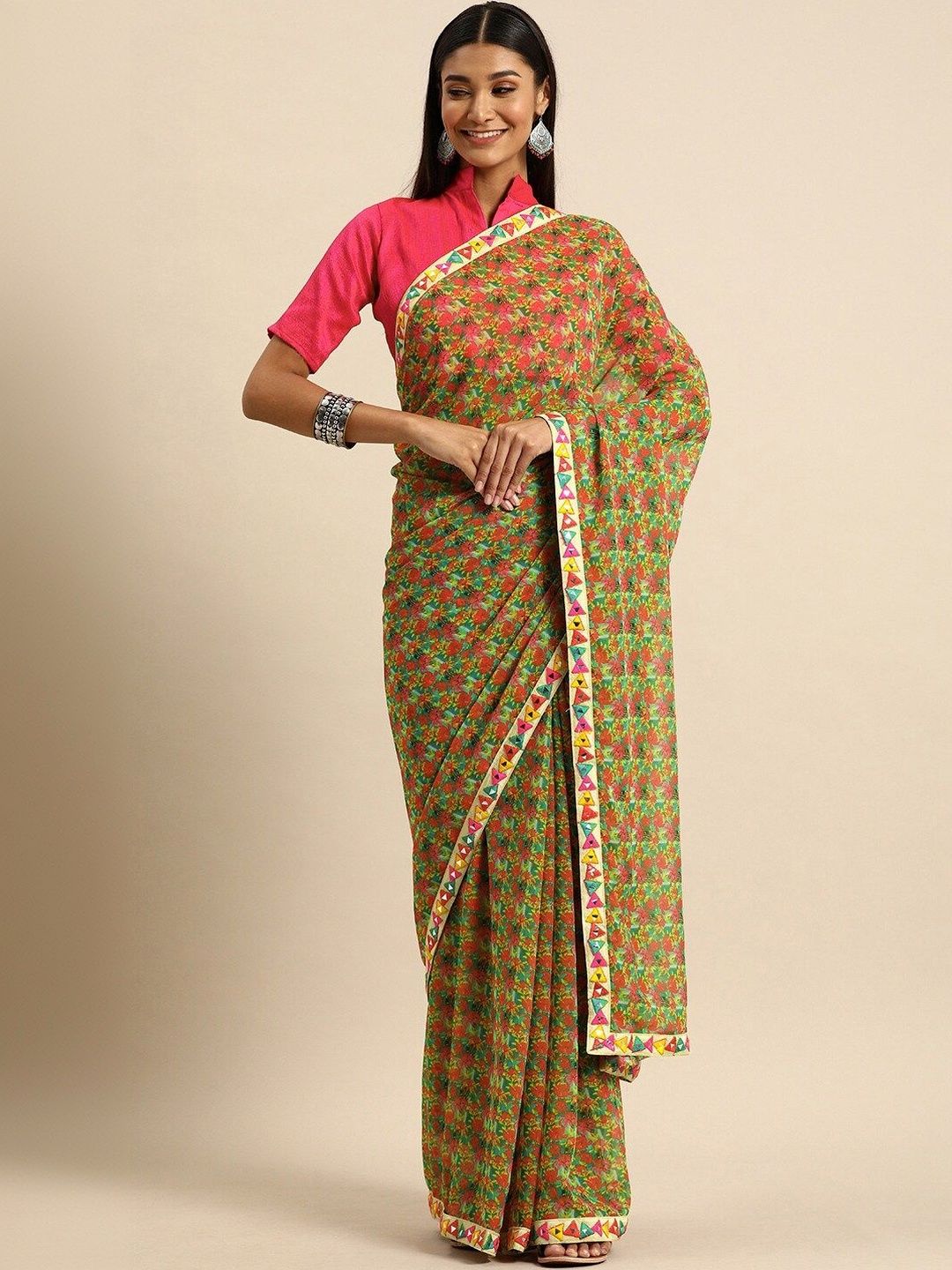 KULNAARI Floral Mirror Work Poly Georgette Saree-picture-56