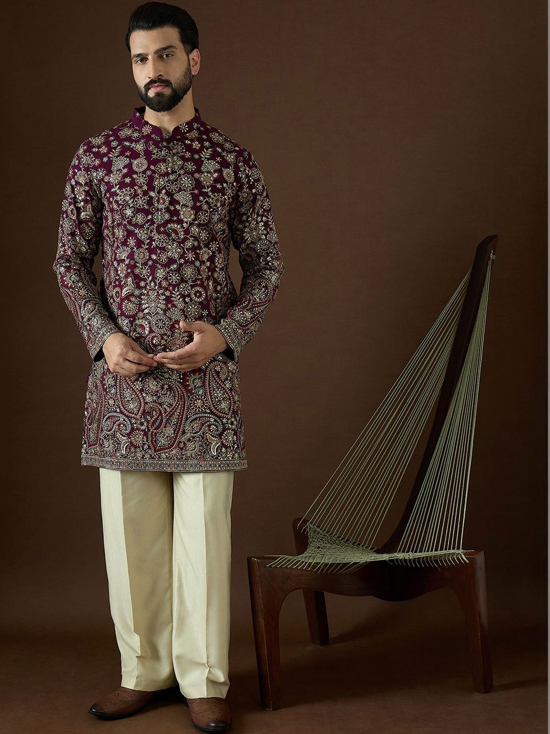 House of Pataudi Men Floral Embellished Sequinned Georgette Kurta-picture-47