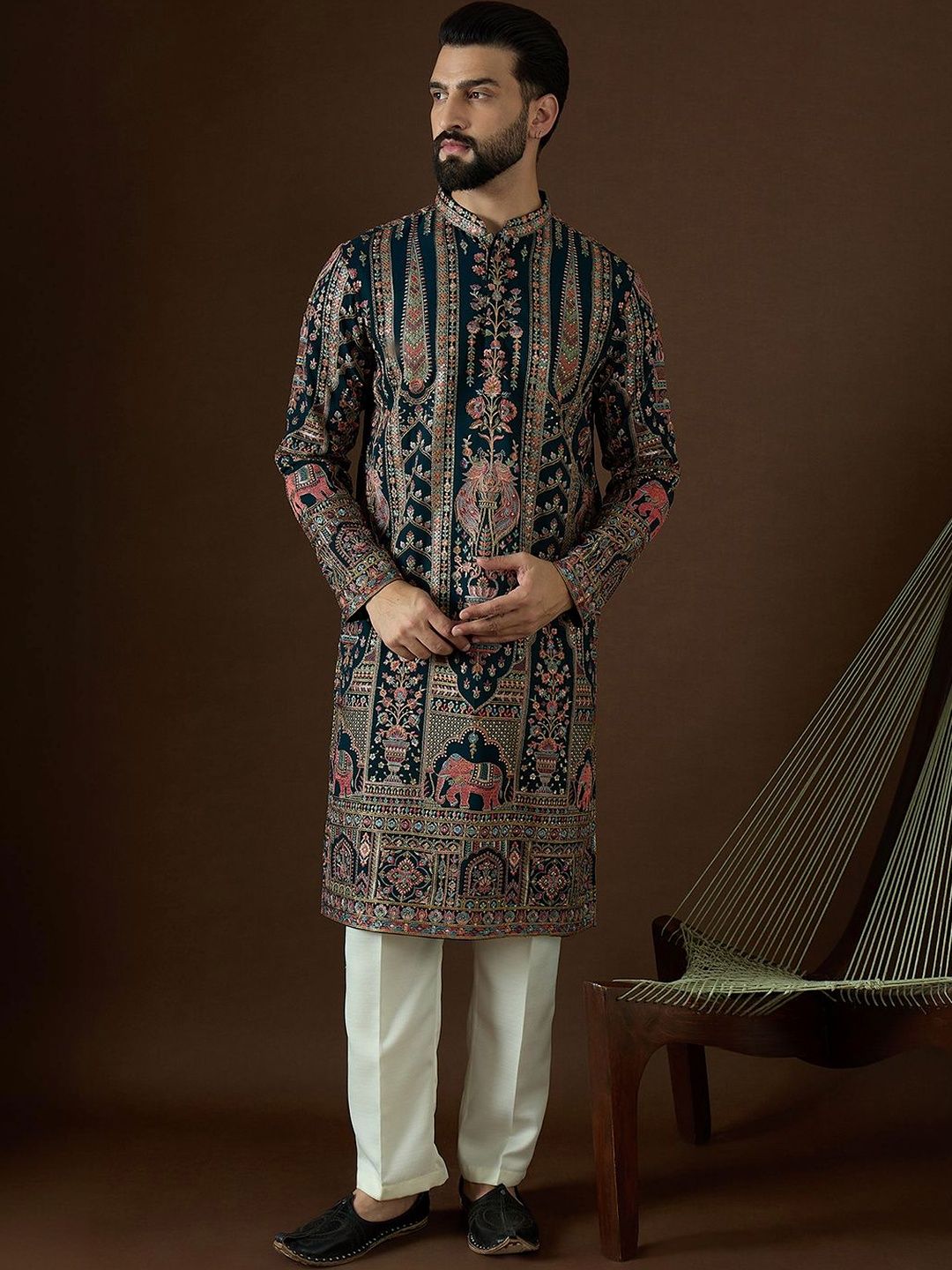 House of Pataudi Men Ethnic Motifs Embroidered Thread Work Indie Prints Georgette Kurta-picture-38