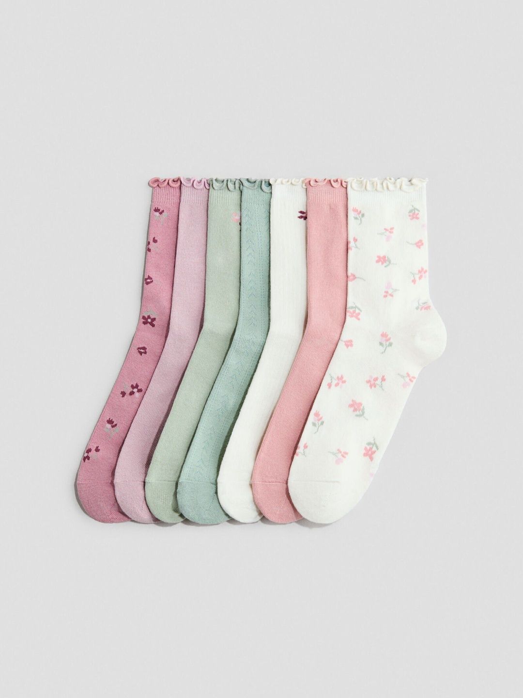 H&M Girls Pack of 7 Cotton Patterned Ankle Length Socks-picture-27