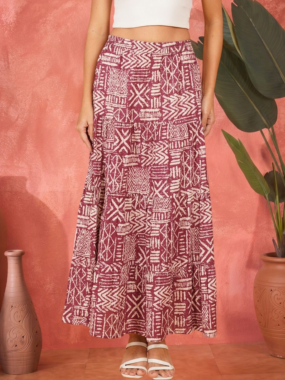 Sangria Women Pure Cotton Abstract Tribal or Aztec Print Maxi A-Line Skirt-picture-17