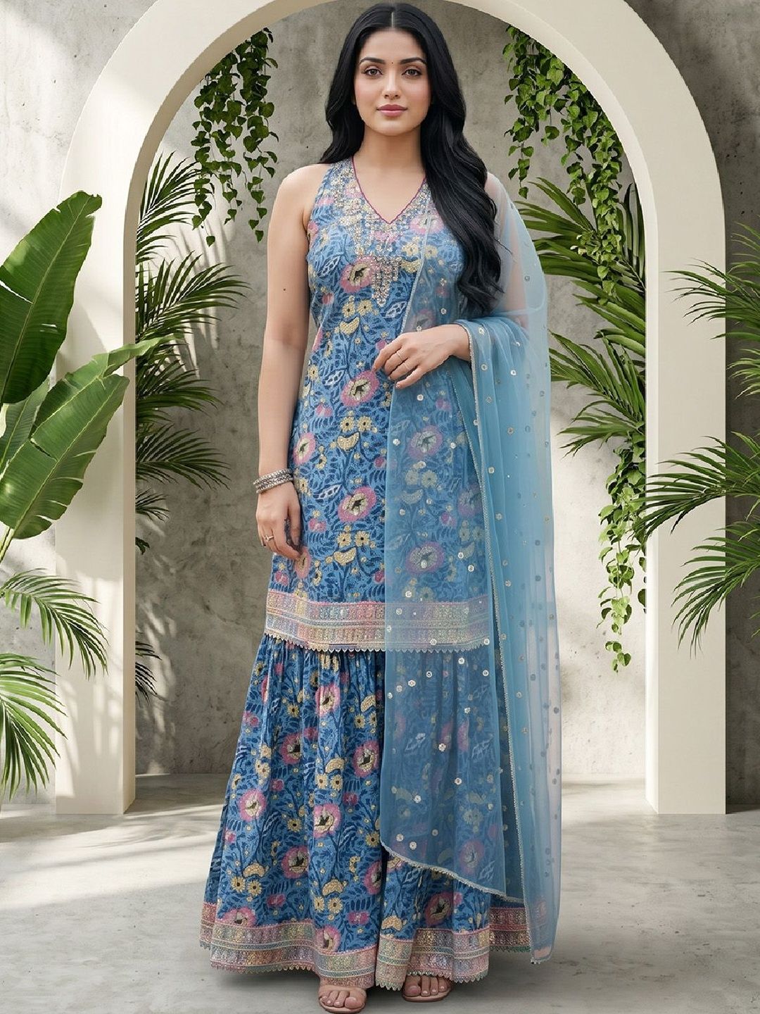 Varanga Women Floral Printed Regular Sequinned Kurta with Sharara & With Dupatta-picture-29