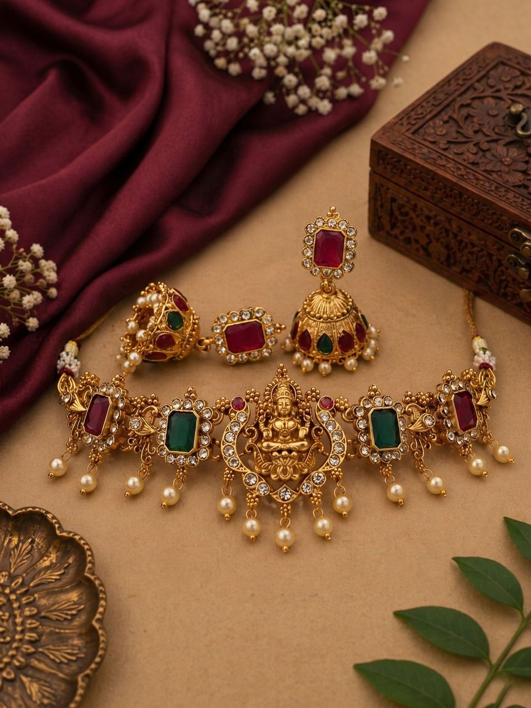 Bagdo Gold-Plated Stone Studded & Beaded Necklace and Earrings-picture-23