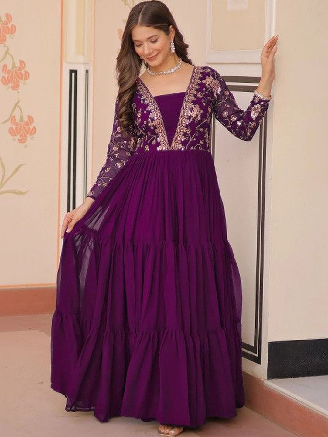 Fashion SAY Embroidered Square Neck Gown Ethnic Dresses-picture-45