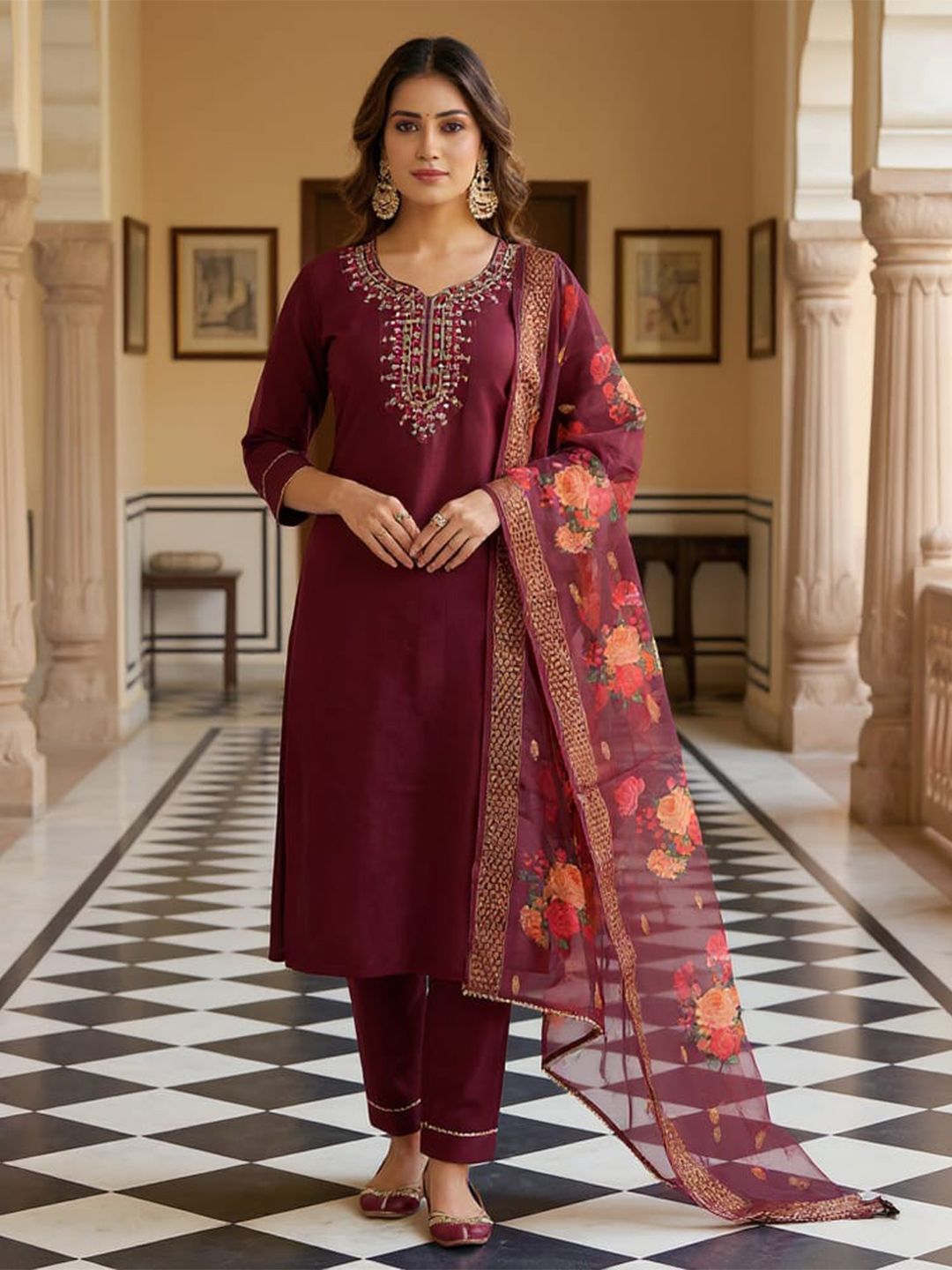 Moda Rapido Floral Embroidered Regular Thread Work Pure Cotton Kurta & Trousers & Dupatta-picture-25
