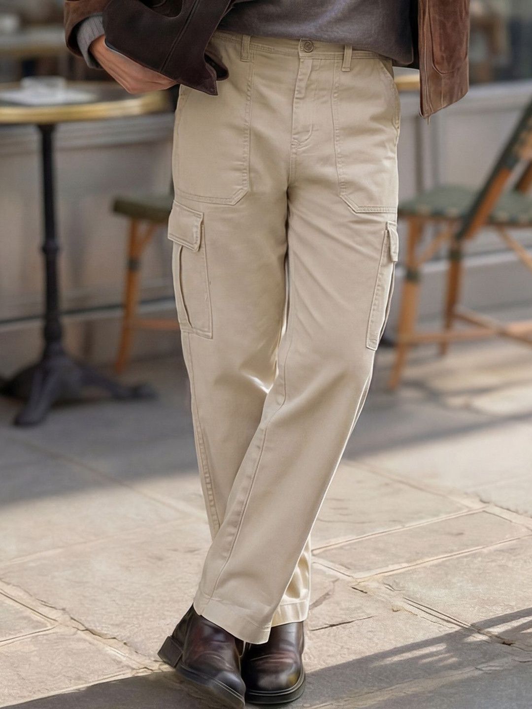 The Souled Store The Souled Store Men Beige Solid Cottonblend Straight Fit Cargo Jeans