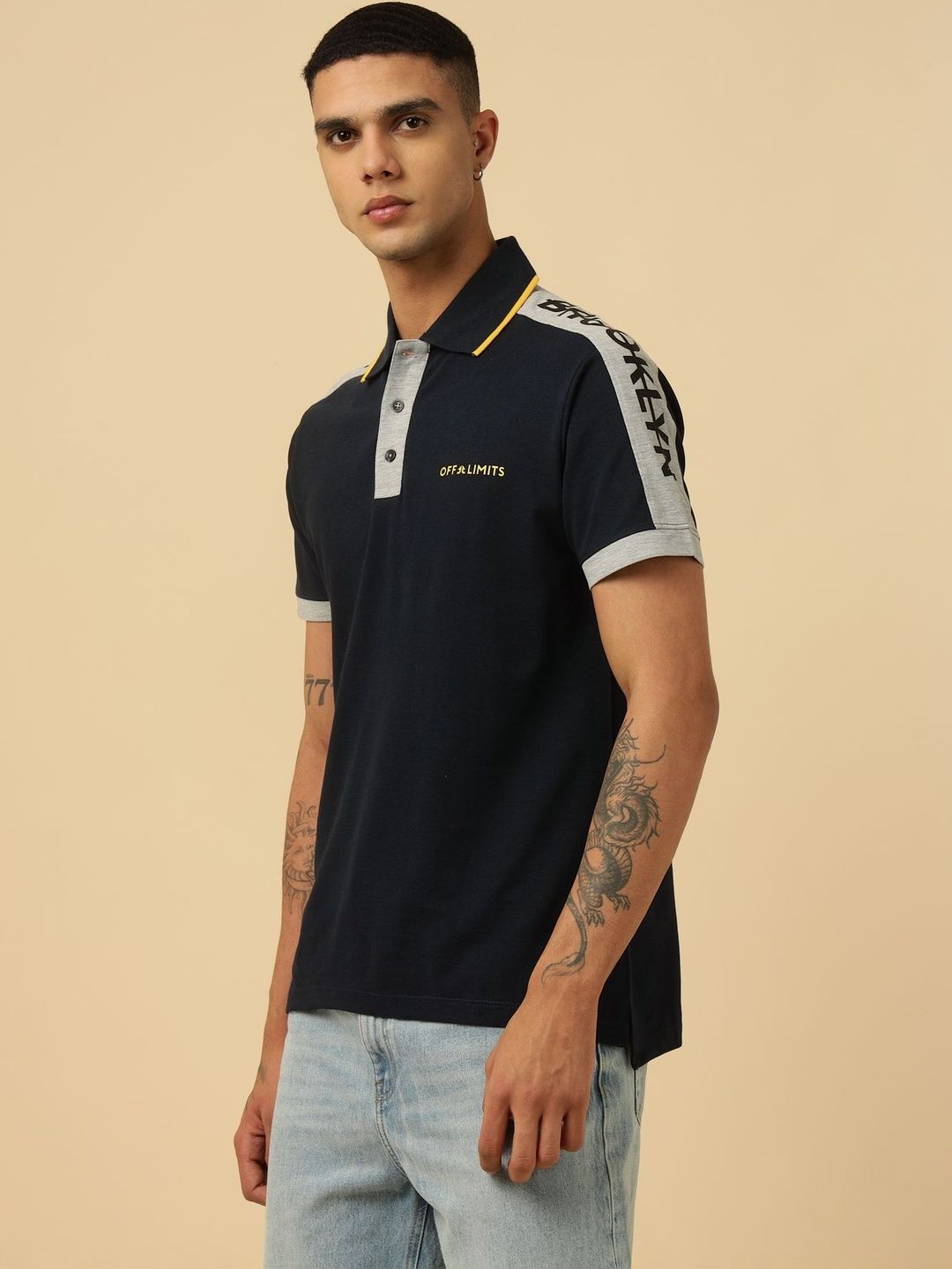 OFF LIMITS Men Typography Colourblocked Polo Collar Pockets T-shirt-picture-16