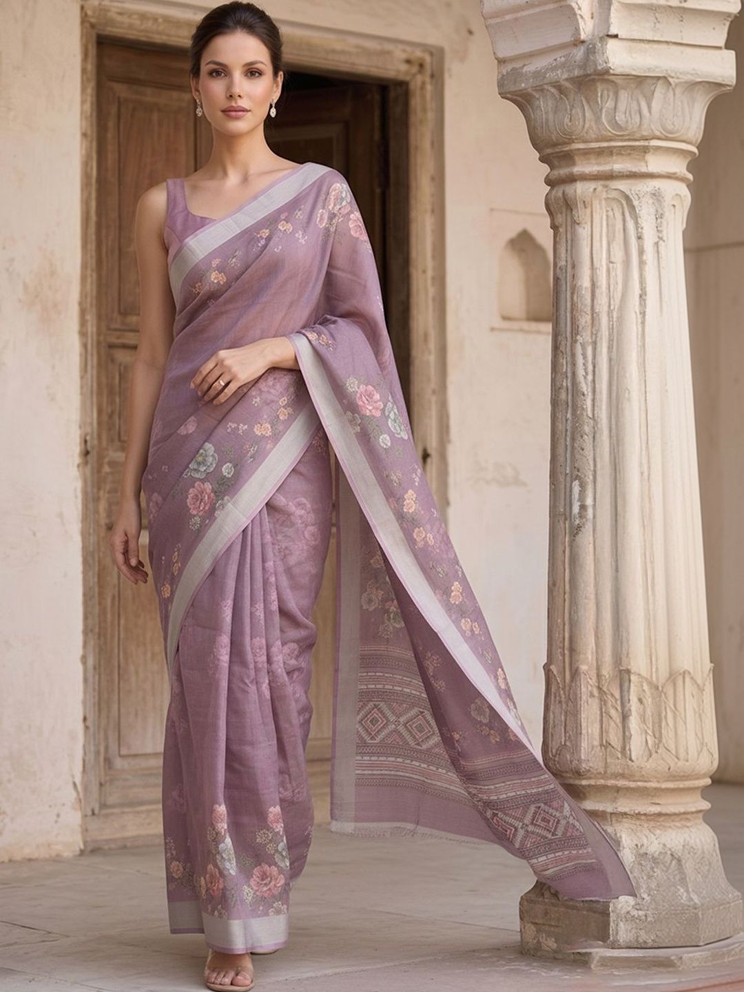 THREAD BOX Floral Linen Blend Saree-picture-14