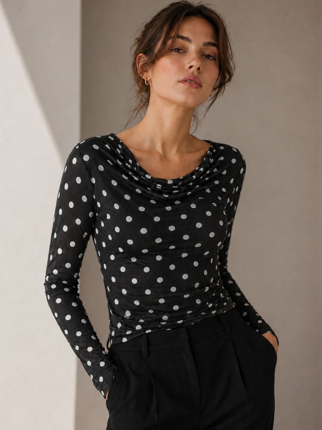 clobug Polka Dot Print Cowl Neck Net Top-picture-35