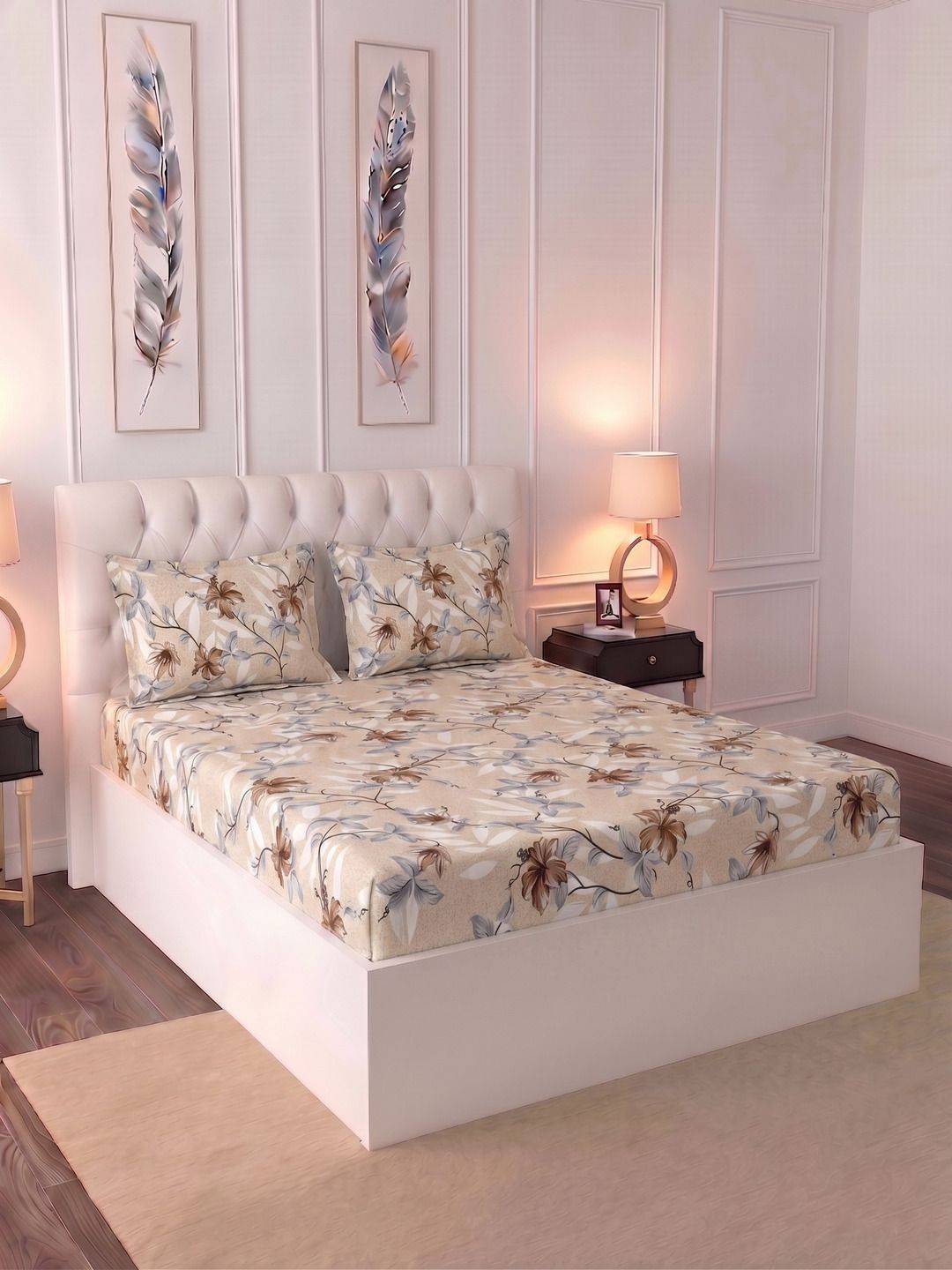 Raymond Home Beige Floral King Bedsheet with 2 Pillow Covers-image-46