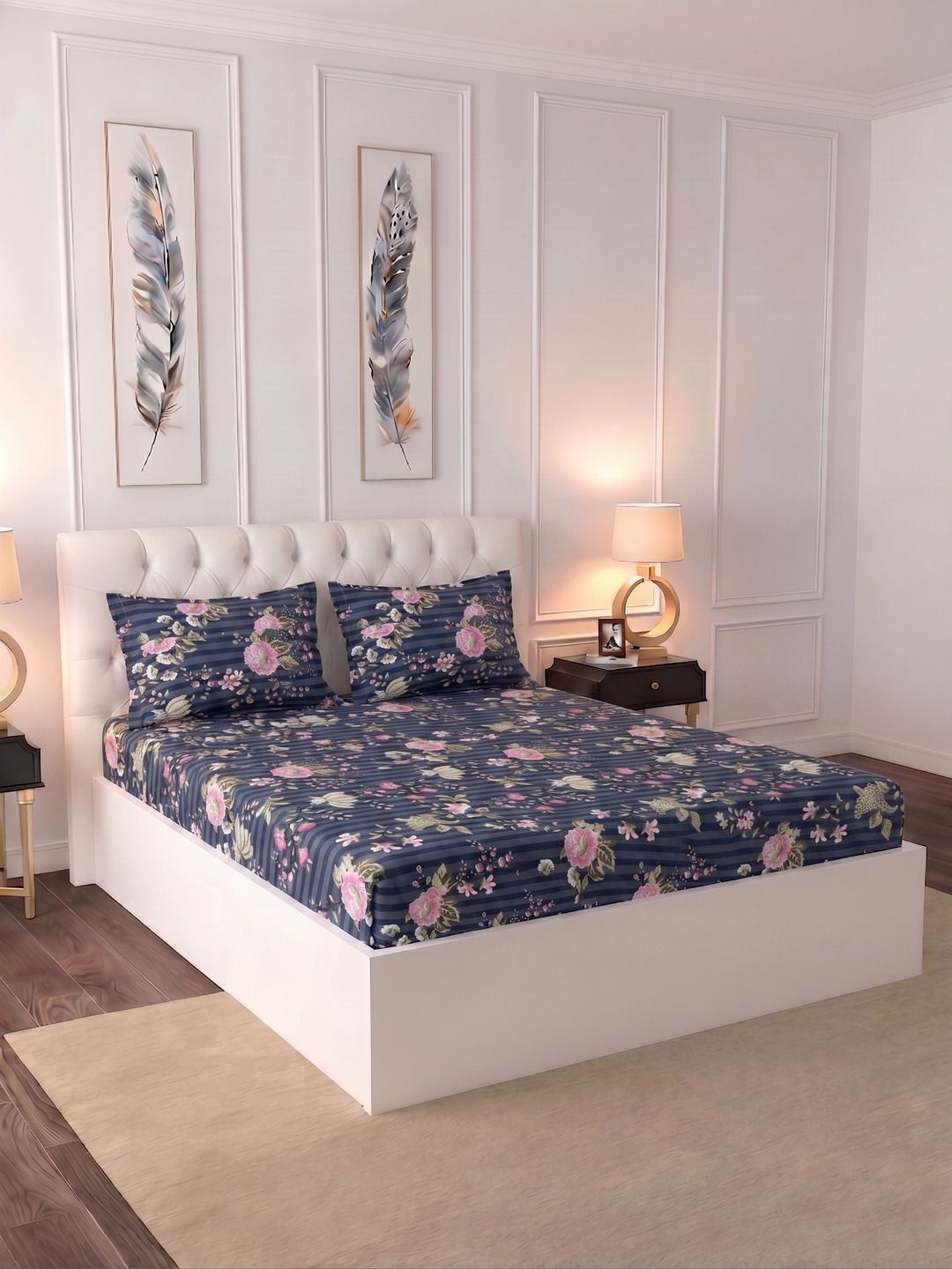 Raymond Home Navy Blue Floral Bedsheet with 2 Pillow Covers-picture-42