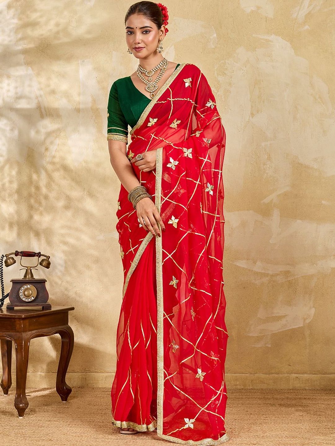 KCPC BANDHANI Embellished Gotta Patti Pure Chiffon Bandhani Saree-picture-37