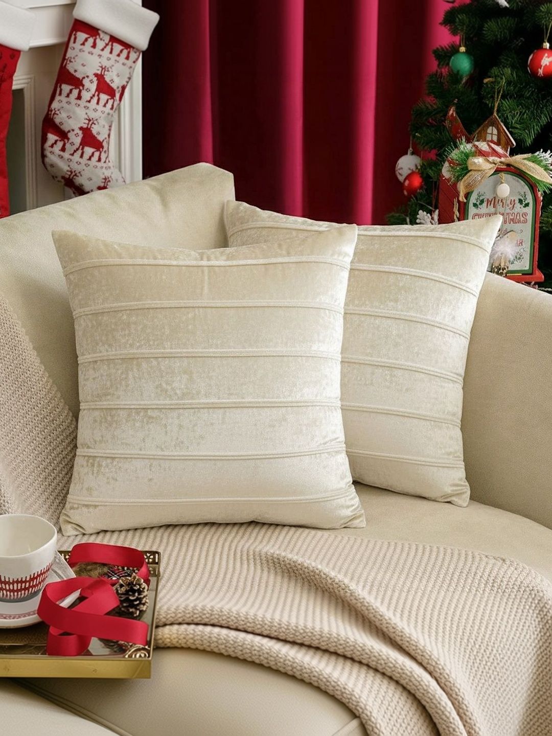 Khooti Cream-Coloured Set of 2 Striped Velvet Square Cushion Covers-picture-46