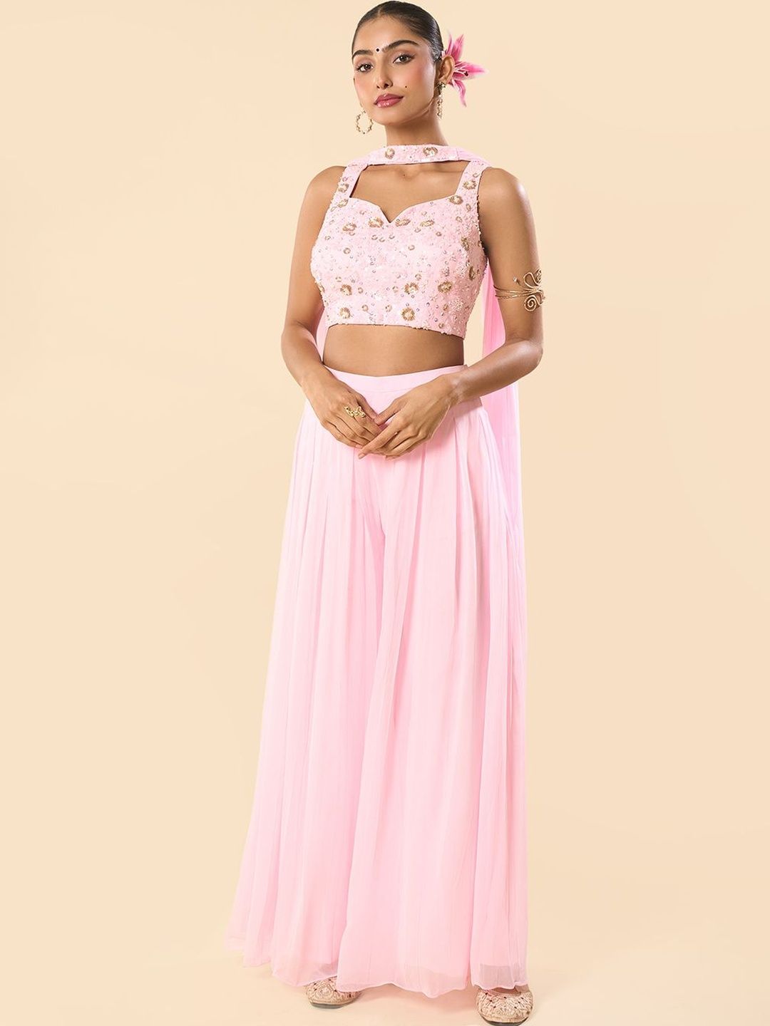 Samyukta Singhania Women Ethnic Motifs Embroidered Regular Sequinned Top with Palazzos & With Dupatta-image-41