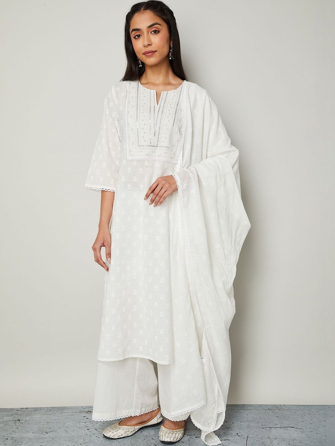Melange by Lifestyle Women Ethnic Motifs Embroidered Regular Chikankari Pure Cotton Kurta with Palazzos &-picture-17