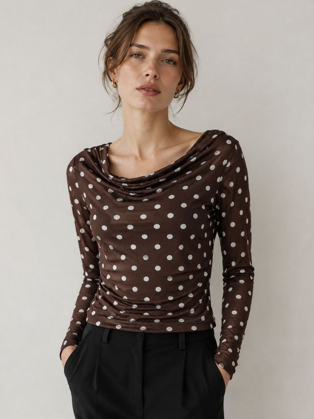 clobug Polka Dot Print Cowl Neck Net Top-picture-14