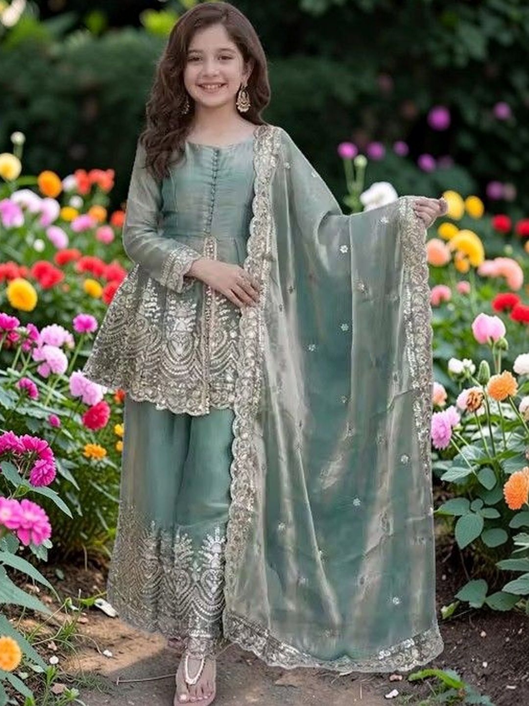 Ecolors Fab Girls Ethnic Motifs Embroidered Tiered Sequinned Pure Silk Kurta with Palazzos & With Dupatta-image-47