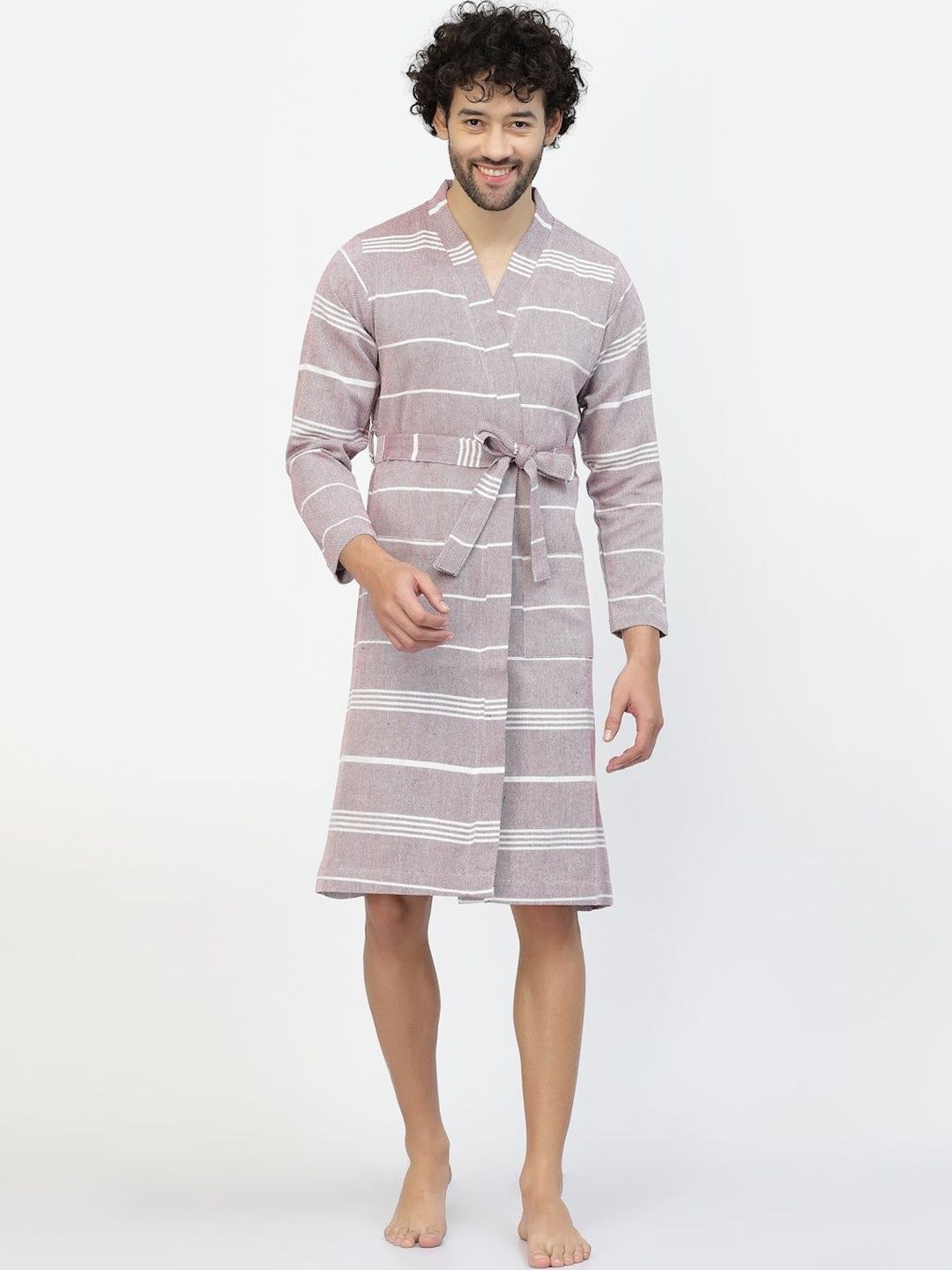 KLOTTHE Men Striped Knee Length Bath Robe-image-4