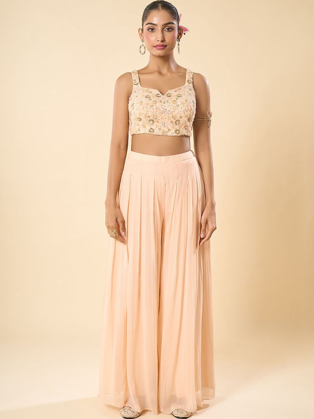 Samyukta Singhania Women Ethnic Motifs Embroidered Regular Beads and Stones Pure Silk Top with Palazzos &-image-32