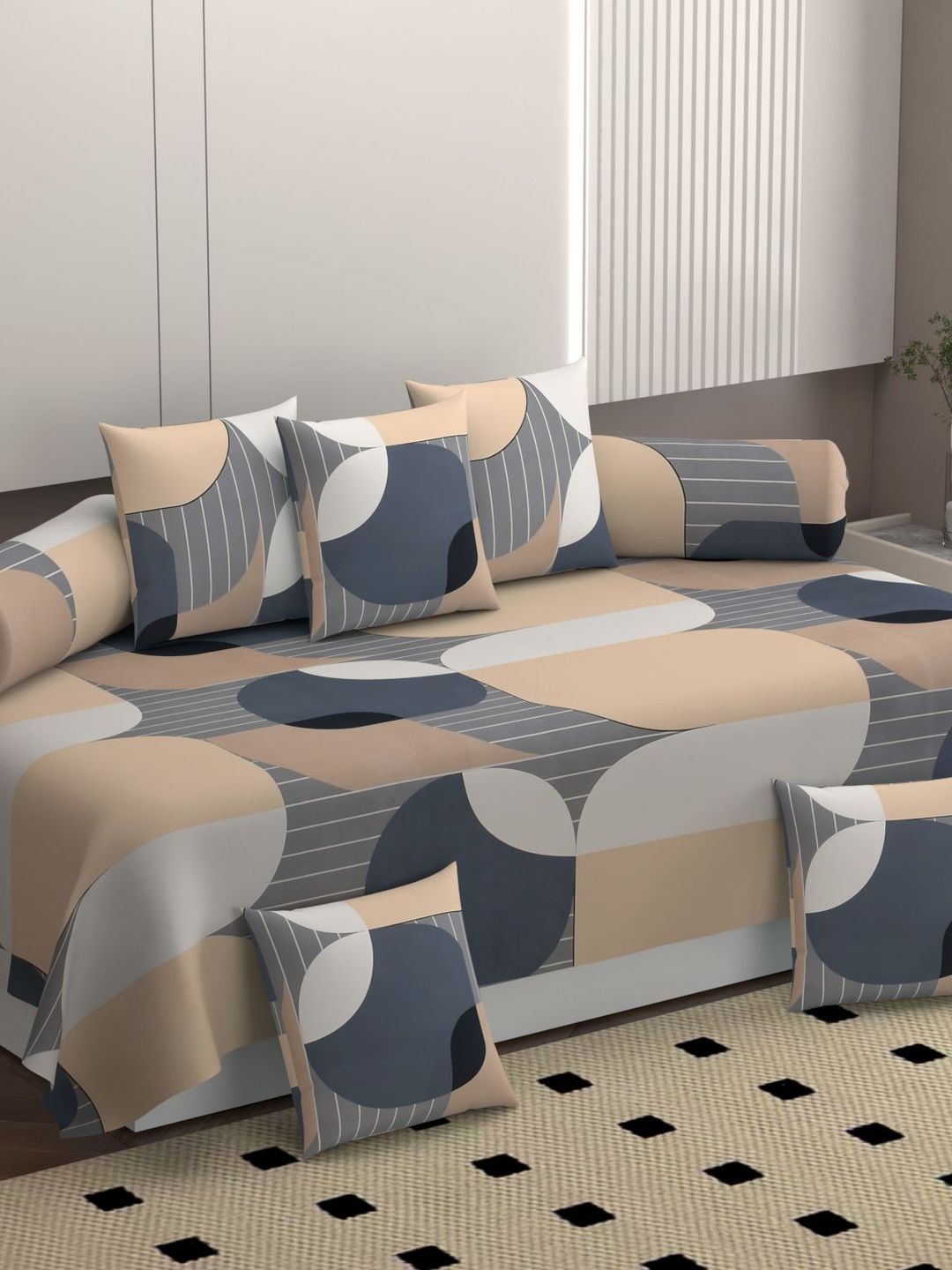 BELVOSTUM 8-Pcs Beige Printed Microfiber Bedsheet With Bolster & Cushion Covers-image-49