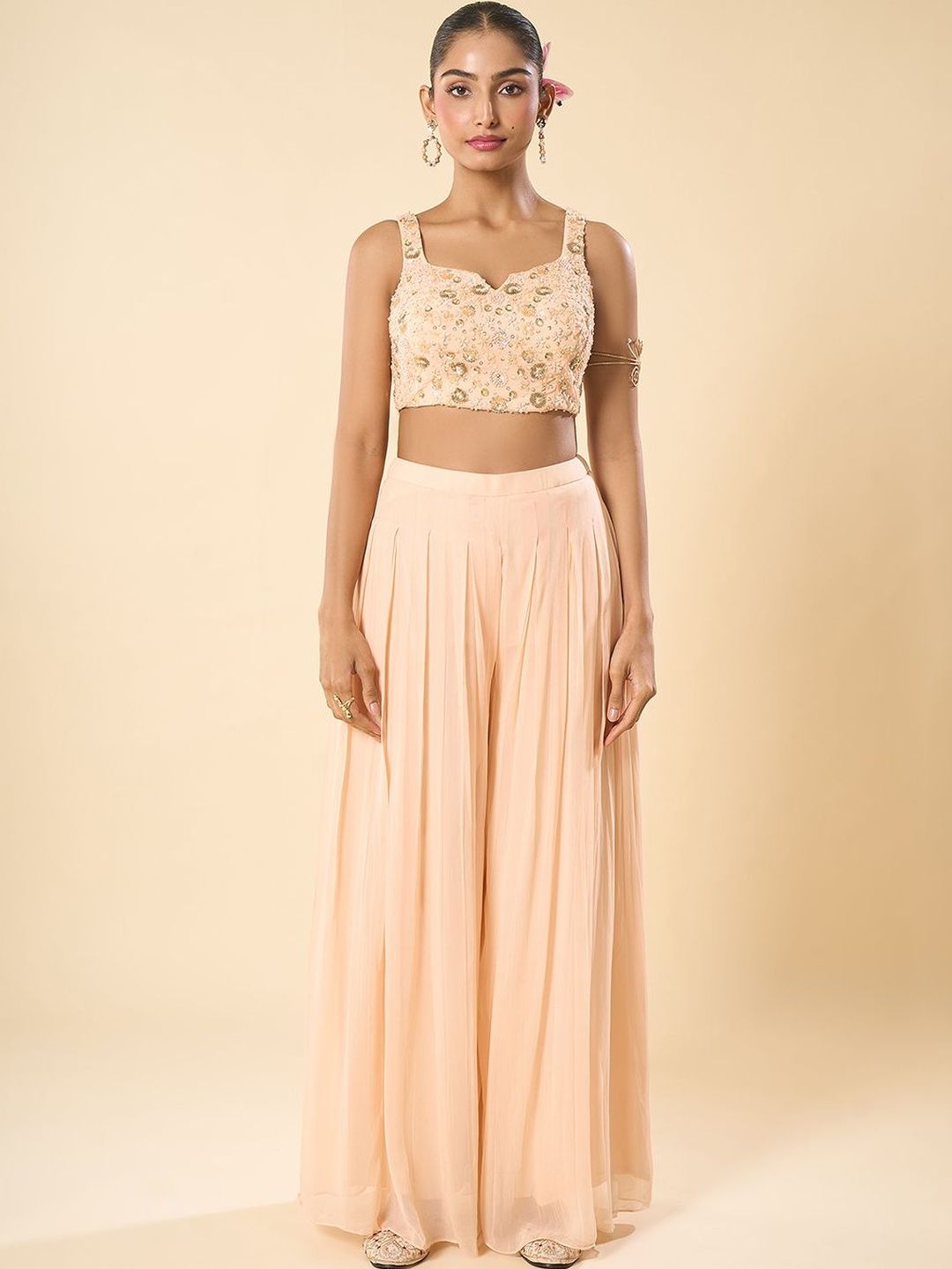 Samyukta Singhania Women Ethnic Motifs Embroidered Regular Sequinned Pure Silk Top with Palazzos & With-image-33