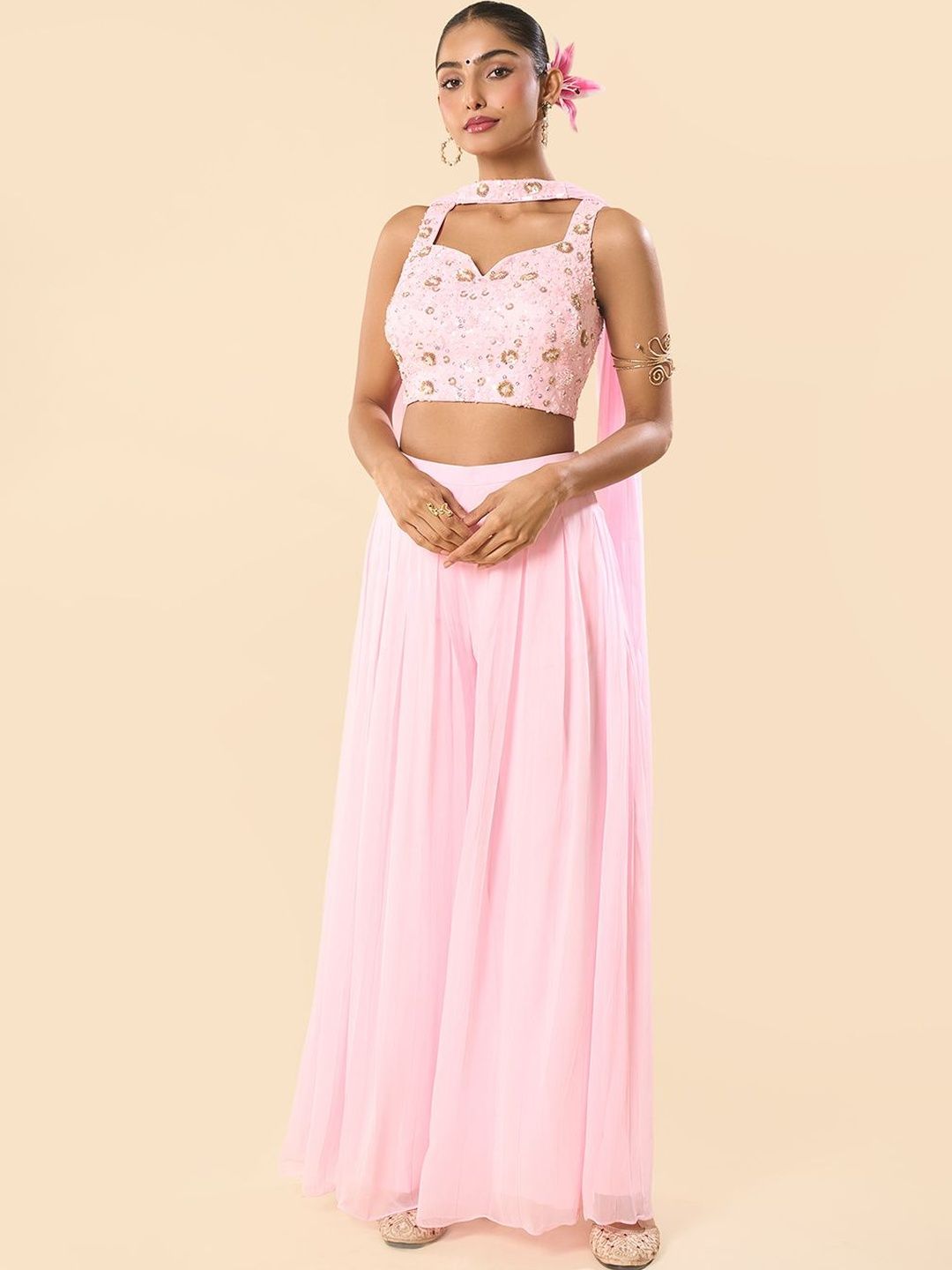 Samyukta Singhania Women Embroidered Regular Sequinned Top with Palazzos & With Dupatta-picture-28