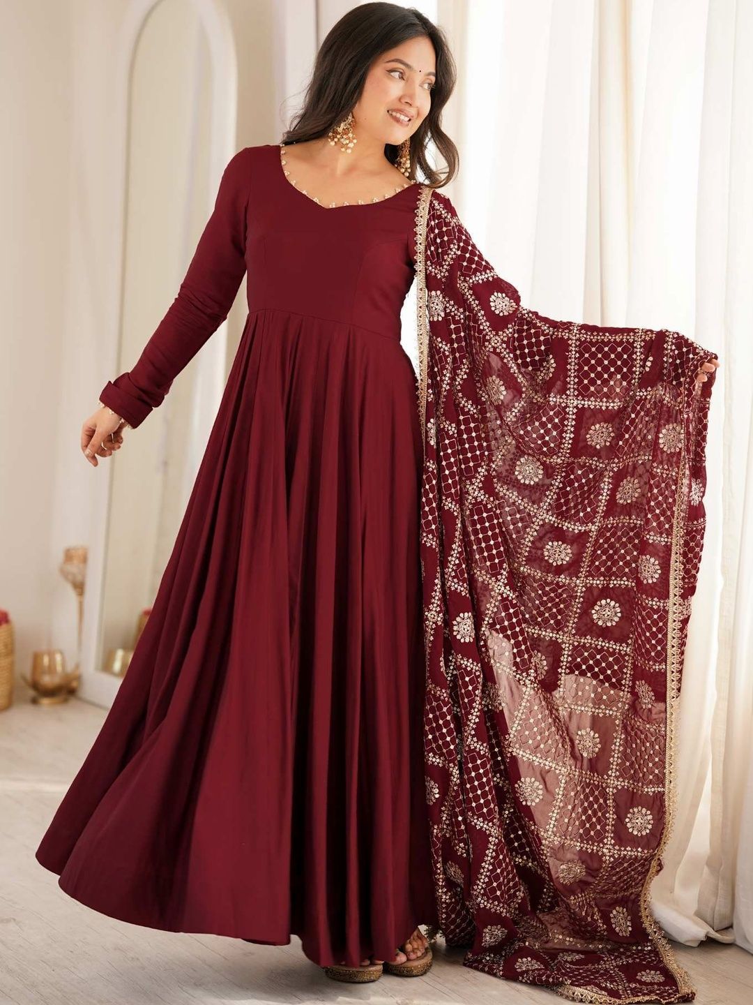 HERE&NOW Women Ethnic Motifs Pleated Kurta with Pyjamas & With Dupatta-picture-55