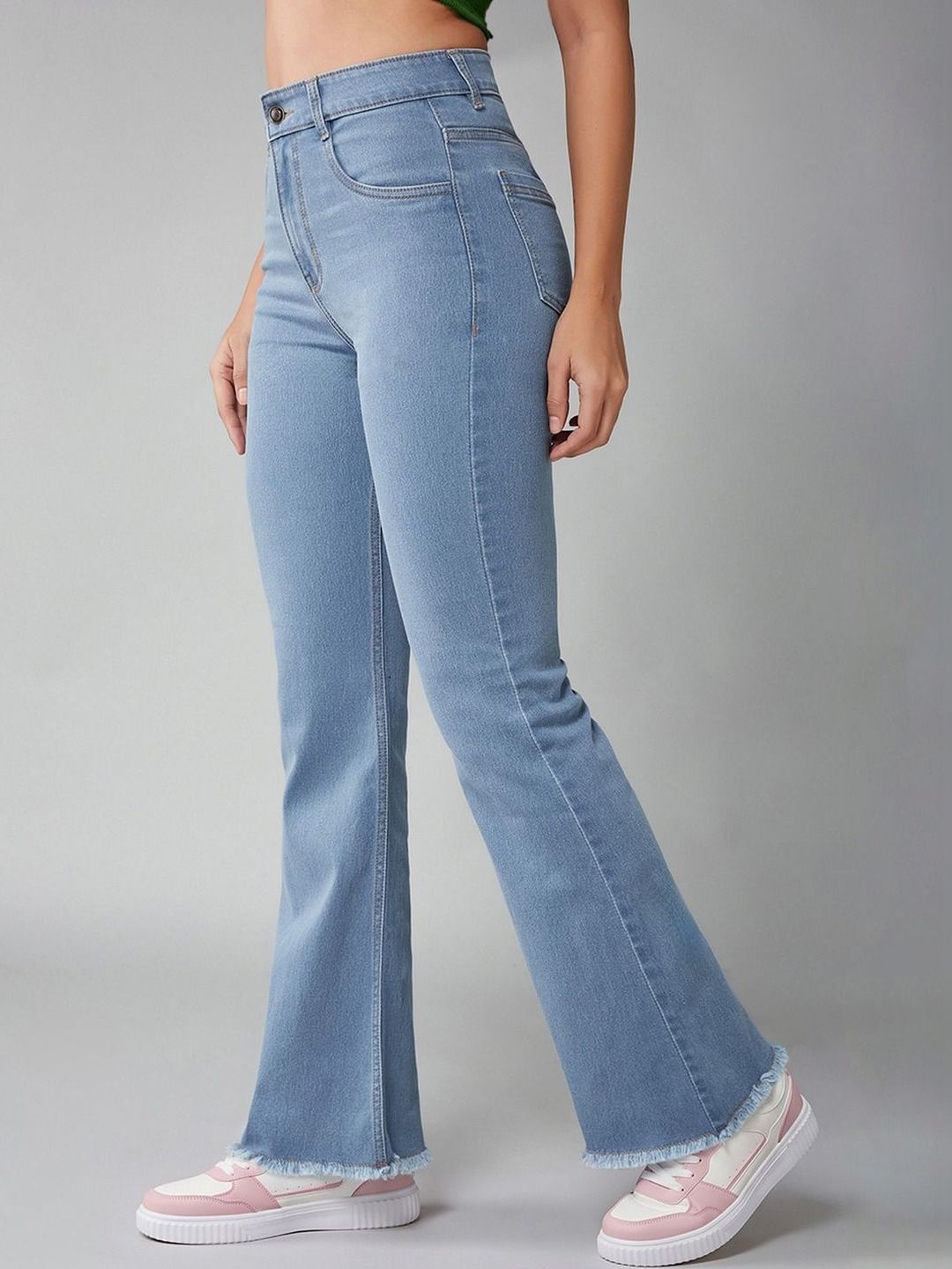 DOLCE CRUDO Women Light Blue Bootcut High rise Clean look Regular Stretchable Denim Jeans-picture-11
