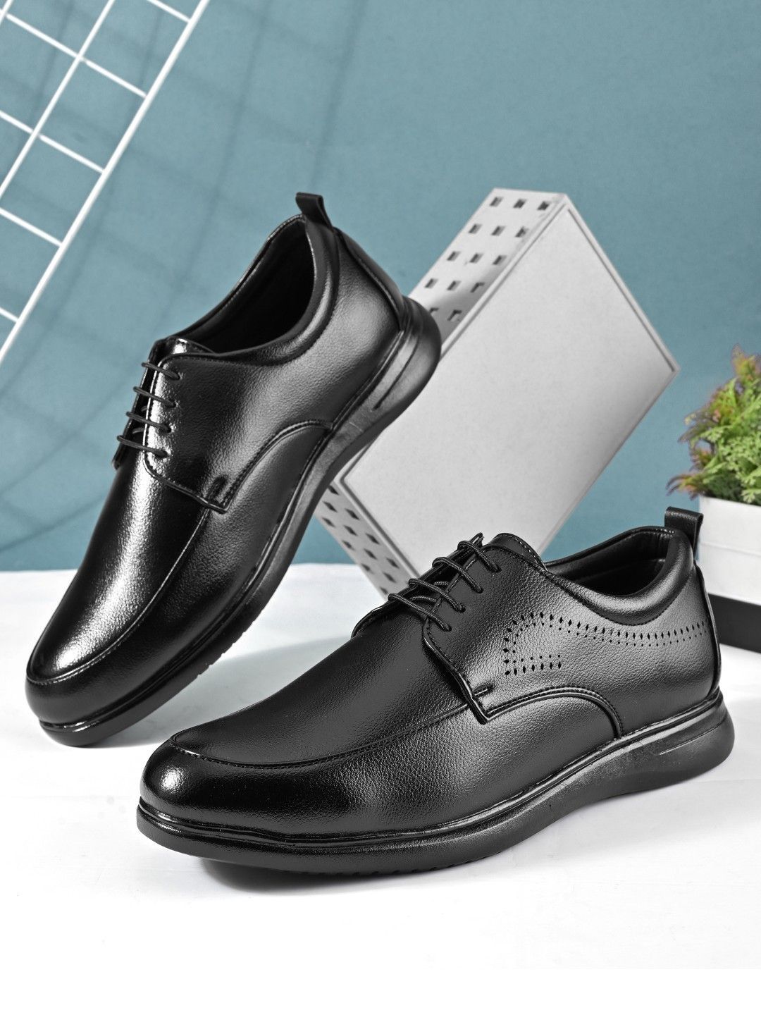 HERE&NOW Men Black Synthetic Leather Formal Lightweight Eva Outsole Lace Up Derby Shoes-picture-36