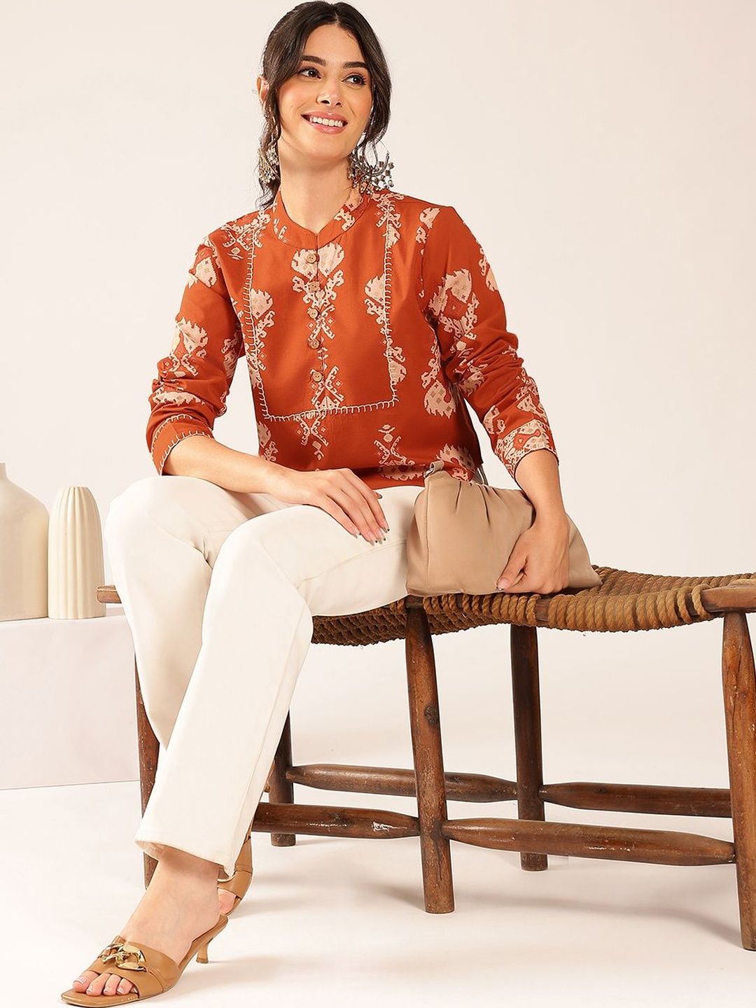 Vbuyz Print Mandarin Collar Ethnic Cotton Top-picture-41