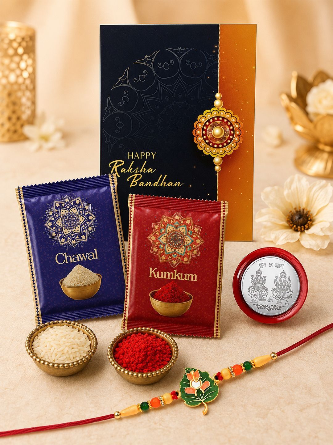DeoDap 4-Pcs Greeting Card & Lakshmi Ganesh Coin Rakhi Gift Set-image-2