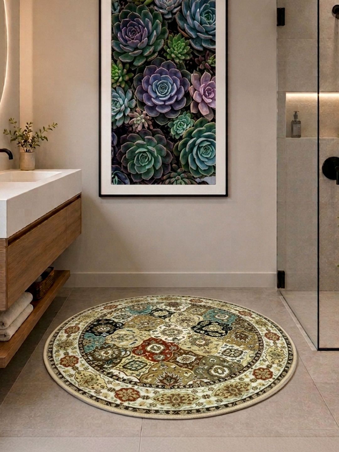 Datch Beige & Green Printed Velvet Round Door Mat-image-19