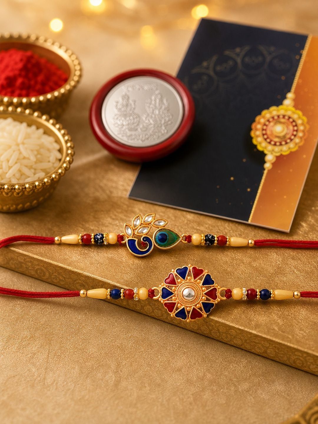 DeoDap Set of 2 Rakhis for Brother With Greeting Card & Roli-Chawal & Silver colour coin-image-26