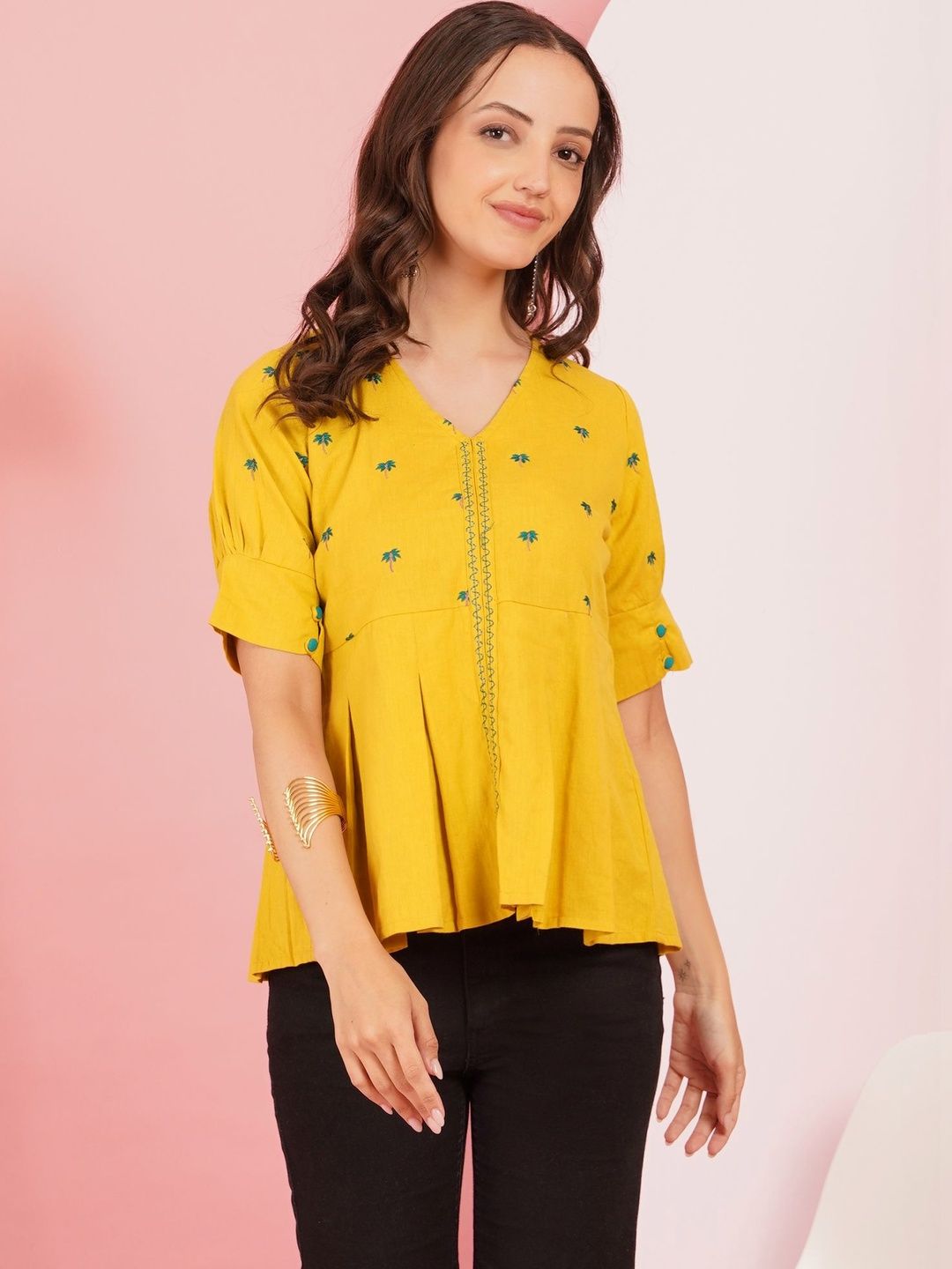 Sangria Botanical Embroidered V-Neck Thread Work Pure Cotton Blend Thread Work Panelled Kurti-picture-52