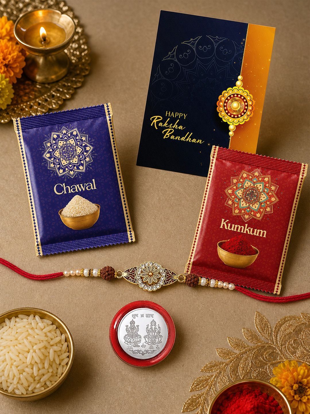 DeoDap 4-Pcs Greeting Card & Lakshmi Ganesh Coin Rakhi Gift Set-image-47
