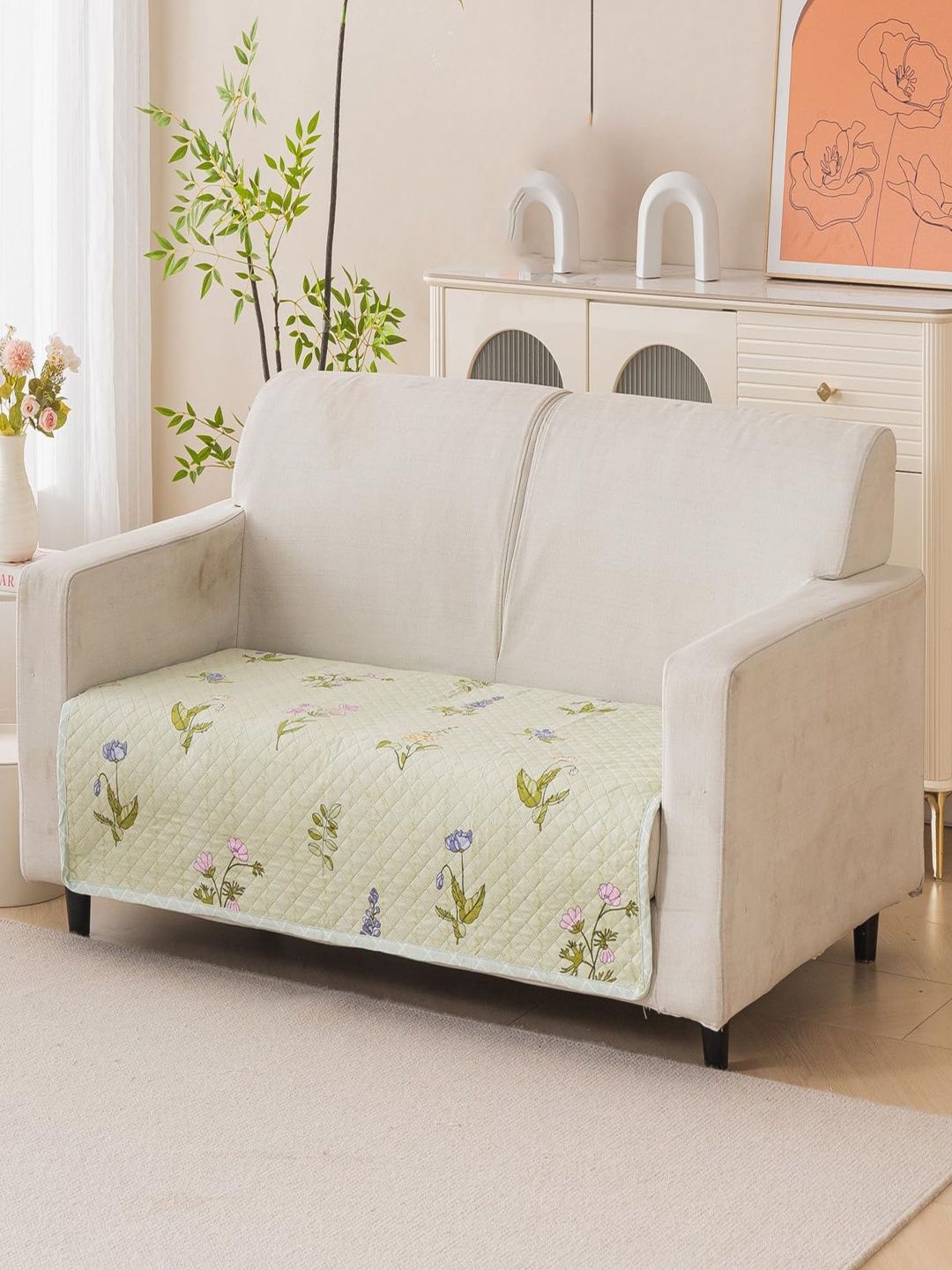 HOUSE OF QUIRK Green & Green Printed Sofa Cover Without Arms-image-38