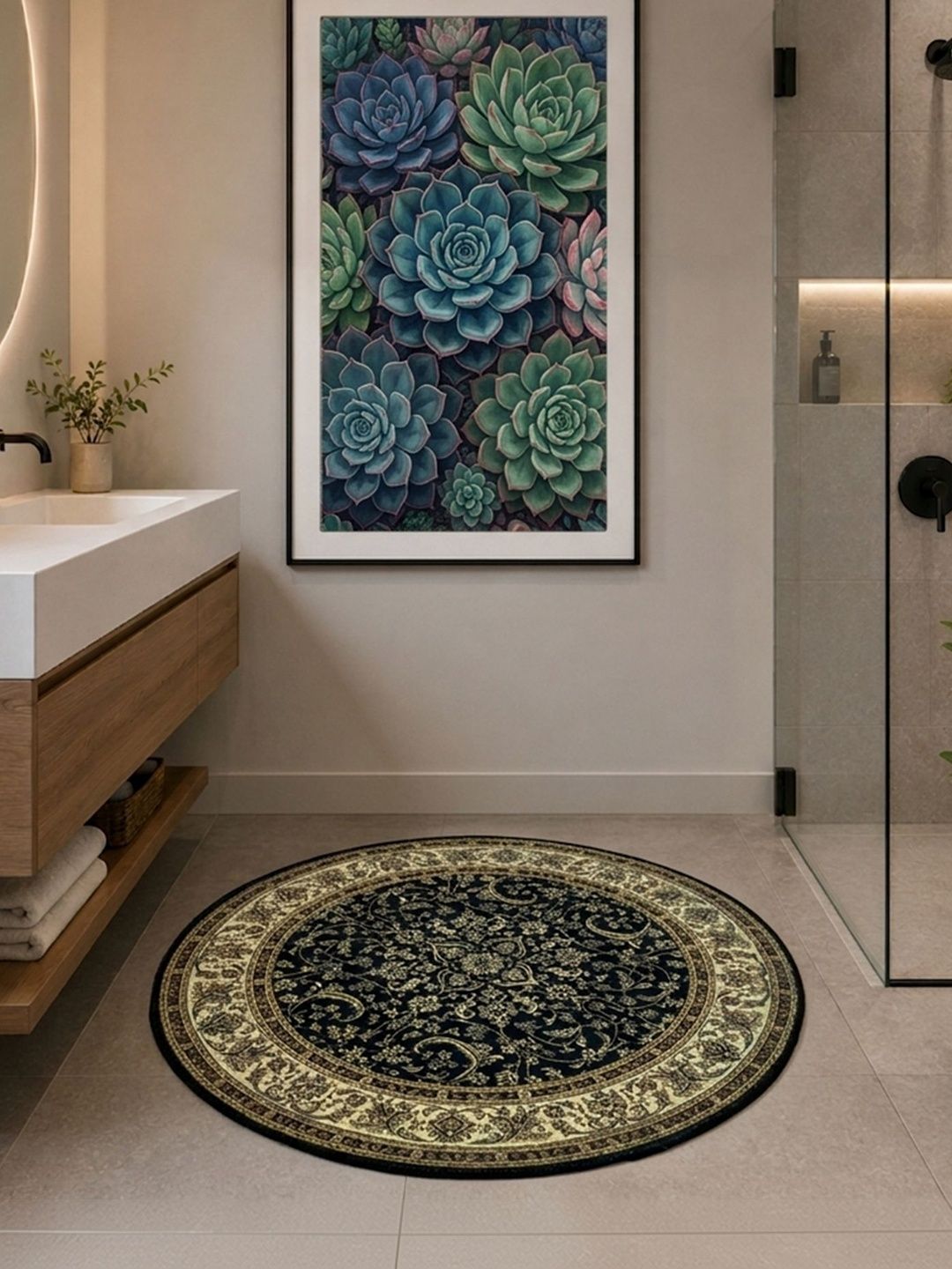 Datch Beige & Black Printed Velvet Round Door Mat-image-4